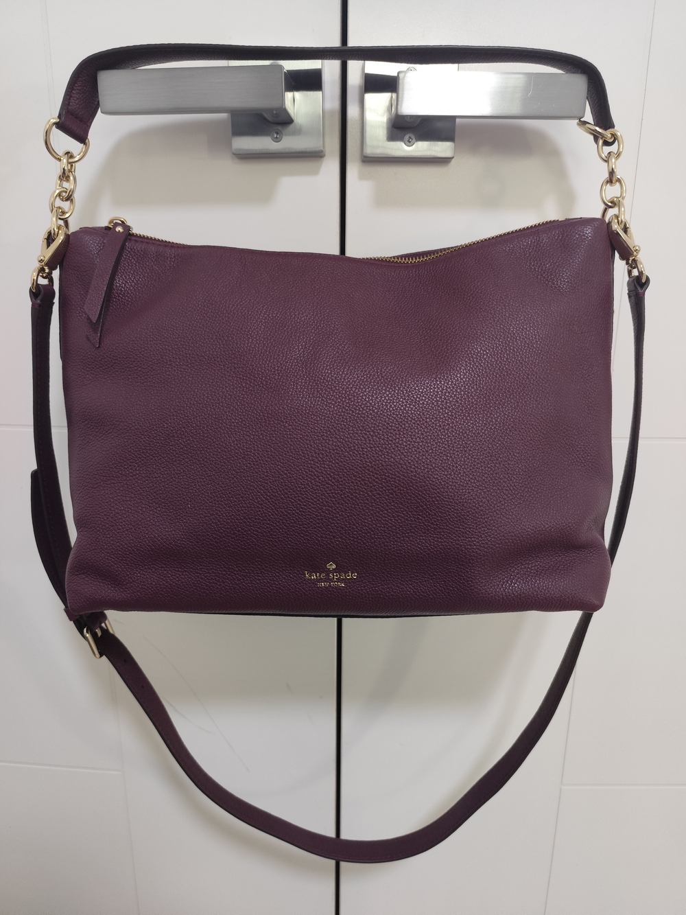 Kate Spade Deep Plum pebbled leather shoulder bag with gold hardware